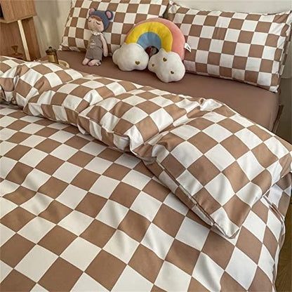 Wellboo Light Brown Plaid Comforter Sets King Women Men Cream Coffee and White Checkerboard Grid Bedding Comforters Cotton Boys Girls Modern Light Taupe Checkered Geometric Quilts Luxury Abstract Bed