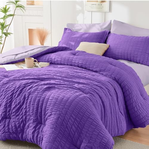 HYMOKEGE Dark Purple/Lavender California King Comforter Set Seersucker 7 Pieces, All Season Luxury Bed in a Bag for Bedroom, Bedding Set with Comforter, Sheets, Pillowcases & Shams
