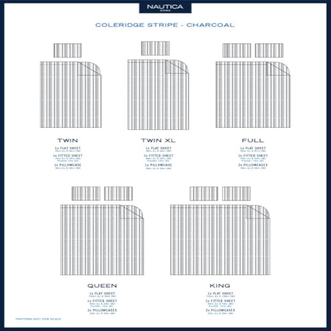 Nautica - Twin XL Size Sheet Set, Crisp & Tailored Cooling Sheets with a Smooth Cotton Percale Lightweight Feel - Bed Sheets with Matching Pillowcase & Fitted Sheet (Coleridge Stripe Charcoal)