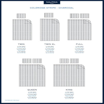 Nautica - Twin XL Size Sheet Set, Crisp & Tailored Cooling Sheets with a Smooth Cotton Percale Lightweight Feel - Bed Sheets with Matching Pillowcase & Fitted Sheet (Coleridge Stripe Charcoal)