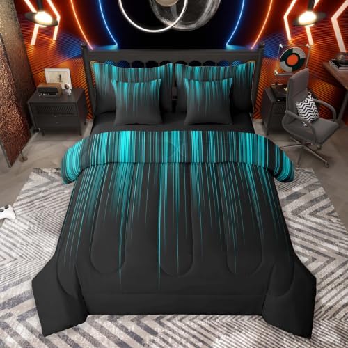 Feelyou Neon Teal Black Comforter Set with Sheets 7 Piece Twin Size Geometric Bedding Set for Kids Boys Girls Ombre Bed in a Bag Room Decor Soft Lightweight Microfiber