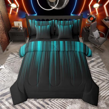 Feelyou Neon Teal Black Comforter Set with Sheets 7 Piece Queen Size Geometric Bedding Set for Kids Boys Girls Ombre Bed in a Bag Room Decor Soft Lightweight Microfiber