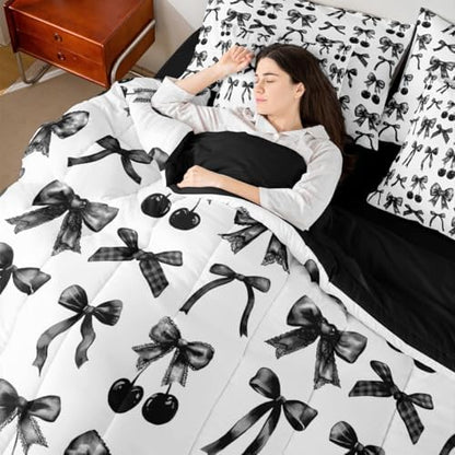 Cherry Bow King Size Comforter Set with Sheets, Black and White Bow Tie 7-Piece Bedding Set Silk Ribbon Bowknot Bed in a Bag, Dreamy Princess Room Decor,Girly Cute Room Decor Aesthetic Kawaii
