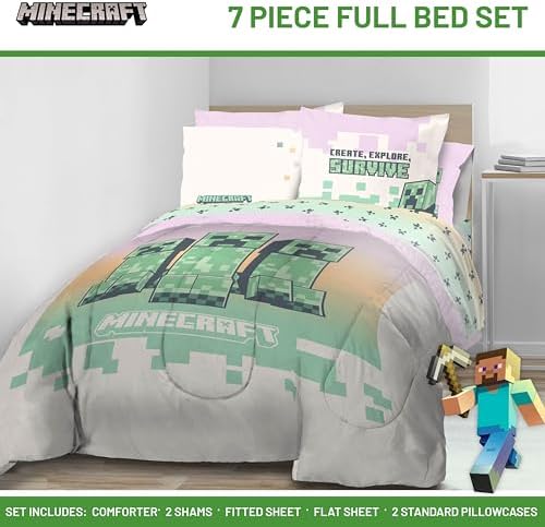Minecraft Creeper Full Size Comforter Set 7 Piece Kids Bedding, Pink