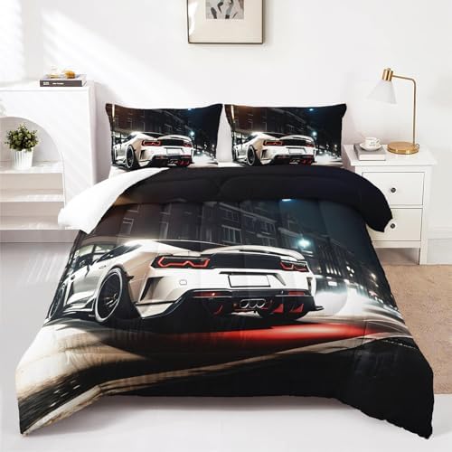 Nttopship Sports Car Comforter Set Twin Size,100% Soft Ultra-fine Fiber Four Season White Racing Car Comforter Set with 1 Comforter and 2 Pillow Case