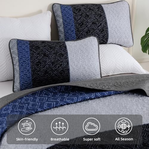 Cottolester Boho Quilt Set King Size,3 Pcs Gray Blue Striped Bedspread Set