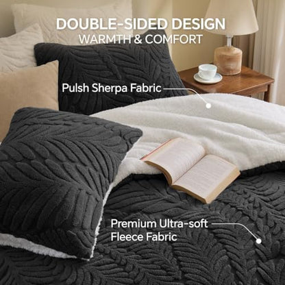 BEDELITE Fluffy Sherpa Twin Comforter Set,Leaf-Black