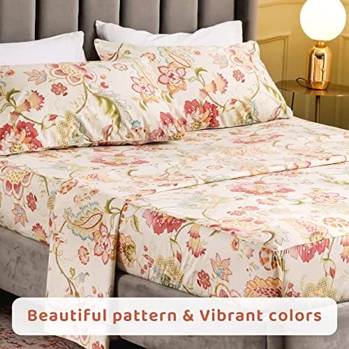 QSH Floral King Size Sheet Sets - Lotus Botanical Print Printed Bedding 100% Egyptian Cotton Sheets for King Size Bed Sheets with Deep Pockets Extra Soft and Breathable 4pcs