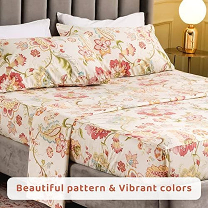QSH Floral King Size Sheet Sets - Lotus Botanical Print Printed Bedding 100% Egyptian Cotton Sheets for King Size Bed Sheets with Deep Pockets Extra Soft and Breathable 4pcs