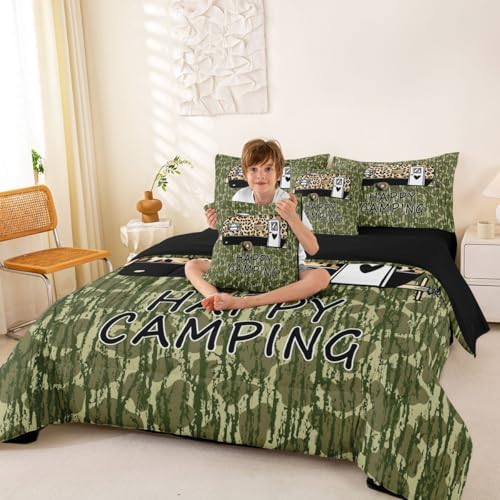 Erosebridal Happy Camping 7 Piece Bedding Set Green Camouflage King Comforter Set for Boys Girls Leopard Print Camper Car Bed in A Bag with Flat and Fitted Sheet Camo Cheetah Pattern Wild Bed Set