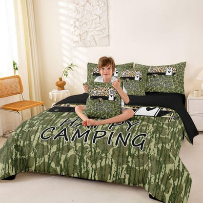 Erosebridal Happy Camping 7 Piece Bedding Set Green Camouflage King Comforter Set for Boys Girls Leopard Print Camper Car Bed in A Bag with Flat and Fitted Sheet Camo Cheetah Pattern Wild Bed Set