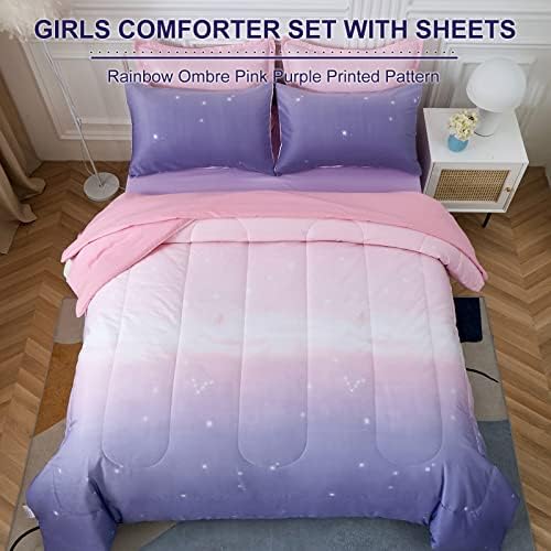Girls Comforter Set Twin XL/Full Size Colorful Ombre Pink Purple Rainbow Bedding Set Bed in A Bag for Kid Teen Girls 7 PC (1 Comforter, 1 Flat Sheet, 1 Fitted Sheet, 2 Pillow shams, 2 Pillowcases)