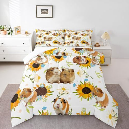 Guinea Pig Comforter Set Queen Size,Sunflower Floral Leaves Botanical Bedding Set 3Pcs for Kids Girls Boys Adult Room Decor,Cute Pet Animals Quilt Set White Soft Duvet Insert,2 Pillowcases