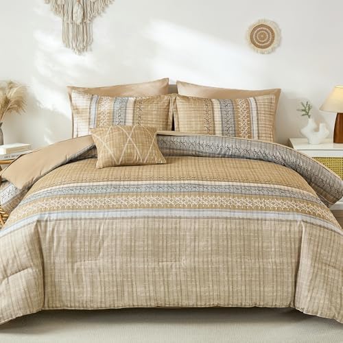 Dintszyayue Khaki King Comforter Size Set, 8 Pieces Striped Boho Texture Bed in a Bag Sets, Lightweight Soft Bohemian Comforter and Sheet Set, All Season Microfiber Bedding Sets for Men Women