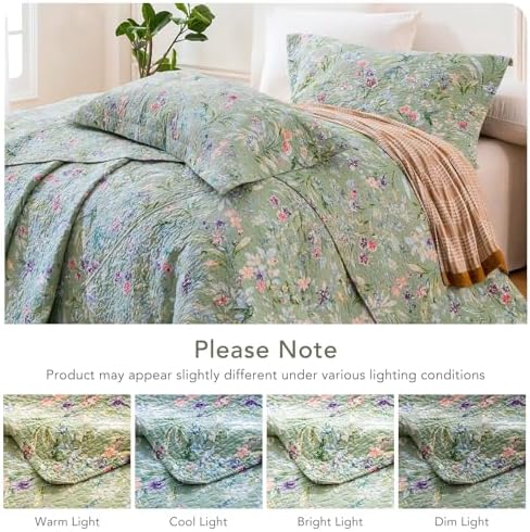 Lady Ann 100% Cotton Floral Twin Quilt Set, Green Flower Bird Butterfly Print Botanical Quilted Bedspread Set, Vintage Soft 68x86 Coverlet with 1 Pillow Sham,Lightweight All Season Bedding