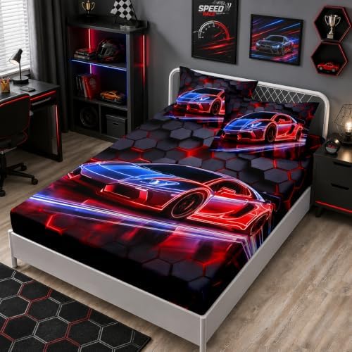 HOSIMA Kids Boys Race Car Fitted Sheet Full,1 Fitted Sheet+2 Pillowcases.