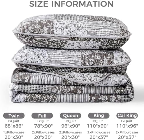 Mybedsoul Grey Boho Quilt King Size, Patchwork Floral Bedding Set