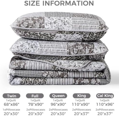 Mybedsoul Boho Quilts Queen Size, Floral Patchwork Bedding Set, Grey