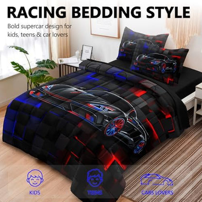 5 Pcs Car Comforter Sets for Boys, Cool Blue Red Race Car Full Size Car Bedding Set for Boys Teens