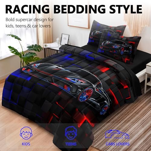 3 Pcs Twin Car Bedding Sets for Boys, Race Car Twin Comforter Set for Boys Teens, Twin Boy Bedding Set