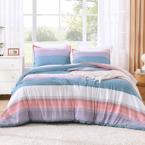 Litanika Sea Salt King Size Comforter Set - 3 Pieces Stripe Bed Set