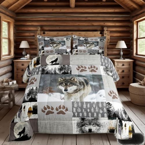 Manfei Wolf Kids Comforter Set Twin Size,Wolf Paws Print Pine Trees Wild Adventure Bedding Set,Boys Girls Adults Room Decor,Geometric Plaids Patchwork Down Comforter,Rustic Duvet Insert,1 Pillowcase