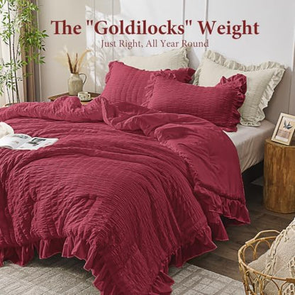 JOLLYVOGUE Burgundy Oversized King Comforter Set,3pcs Seersucker Bed Set