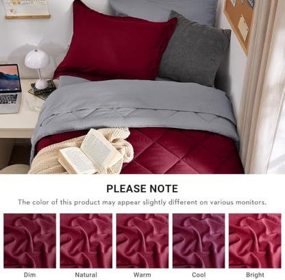 MUXHOMO 5 Pieces Twin XL Comforter Set, Reversible Bed in a Bag Twin XL Size, All Season Bedding Set with Comforter, Flat Sheet, Fitted Sheet, Pillowcases & Shams, Burgundy & Grey