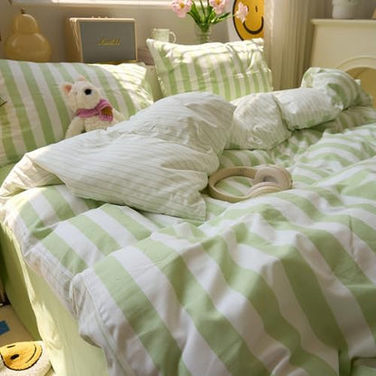 LifeTB Green Striped Comforter Set Queen, 3 Piece Aesthetic Stripes Pattern Printed Comforter with 2 Pilliwcases, Soft Breathable Farmhouse Striped Bedding Comforter Lightweight Queen Comforter Set