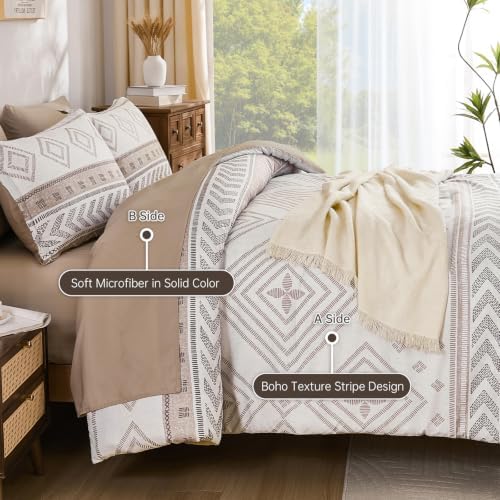 Yiran Boho Comforter Set Queen Size, 7 Pieces Aztec Khaki Bed in a Bag