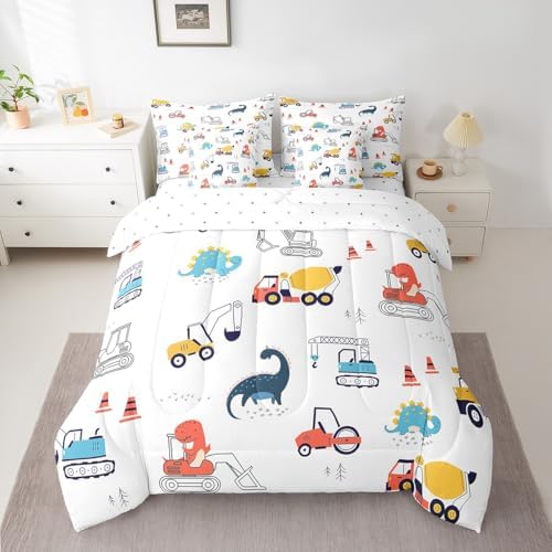 Erosebridal Construction Vehicles Twin Comforter Set 7 Piece for Kids Boys Girls Dinosaur Tractor Bed in A Bag with Sheets Equipment Trucks Bedding Set Excavator Bed Set Colorful Room Decor