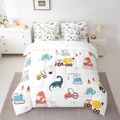 Erosebridal Construction Vehicles Twin Comforter Set 7 Piece for Kids Boys Girls Dinosaur Tractor Bed in A Bag with Sheets Equipment Trucks Bedding Set Excavator Bed Set Colorful Room Decor