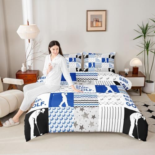 Erosebridal Golf Bedding Set King Size for Boys Girls Sports Game Comforter Set Grid Plaid Duvet Kids Teens Adults Sport Theme Quilt Soft Cozy Lightweight Down Comforter 3 Piece Golf Gifts for Men