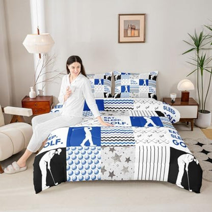 Erosebridal Golf Bedding Set King Size for Boys Girls Sports Game Comforter Set Grid Plaid Duvet Kids Teens Adults Sport Theme Quilt Soft Cozy Lightweight Down Comforter 3 Piece Golf Gifts for Men