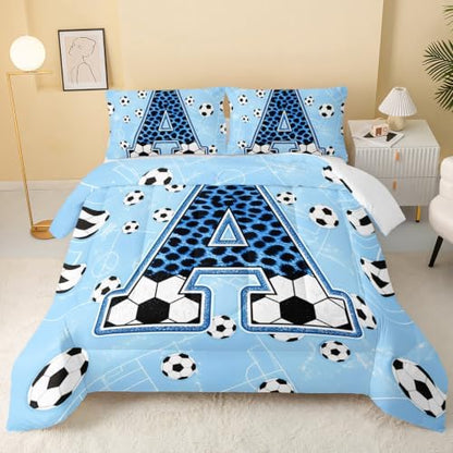 BSNTHO Soccer Comforter Set Twin Size, Blue Kids Comforter 3Pcs