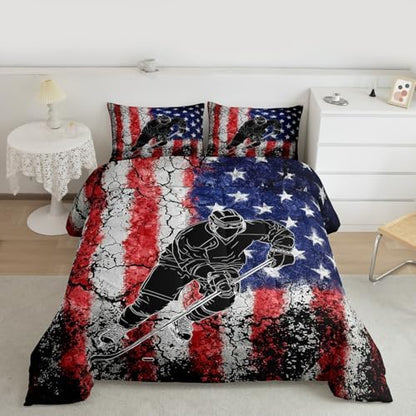 Homewish American Flag King Size Comforter Set,Kids Hockey Sport Player Decor All Season Bedding Set,Teens Retro Style Comforter,Girls Blue and Red Decor Quilt Set Bedroom Collection 3Pcs