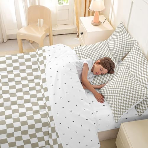 jejeloiu Light Khaki Plaid Queen Comforter Set with Sheets for Kids Boys Girls Checkered Classic 7 Pieces Bedding Set Grid Geometric Bed in a Bag Room Decor Soft Lightweight Microfiber