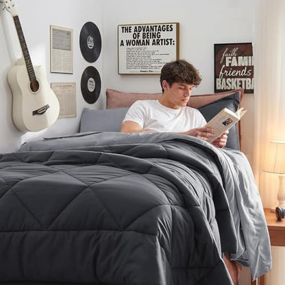 HEVUMYI 5-Piece Twin Comforter Set, Dark & Light Grey Bed in a Bag