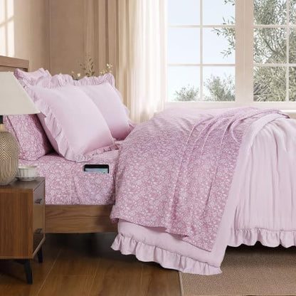 BLOOMHAVEN King Size Comforter Set-7 Pieces Ruffle Bedding Floral Sheet