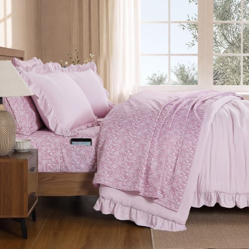 BLOOMHAVEN Queen Comforter Set-7 Pieces Ruffle Bedding with Floral Sheet