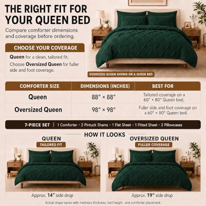 HIMEET Queen Comforter Set Emerald Green - 7 Pieces Pintuck Bed in a Bag