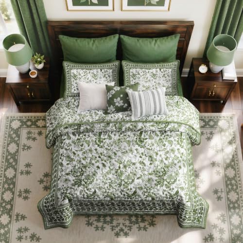 FLYMME Green Vintage Floral Quilt Set King/Cal King Size, 3-Piece Classic Reversible Bedspread Coverlet with 2 Pillow Shams, Lightweight Botanical Bedding Set for All Season