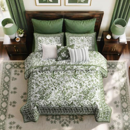 FLYMME Green Vintage Floral Quilt Set Full/Queen Size, 3-Piece Classic Reversible Bedspread Coverlet with 2 Pillow Shams, Lightweight Botanical Bedding Set for All Season