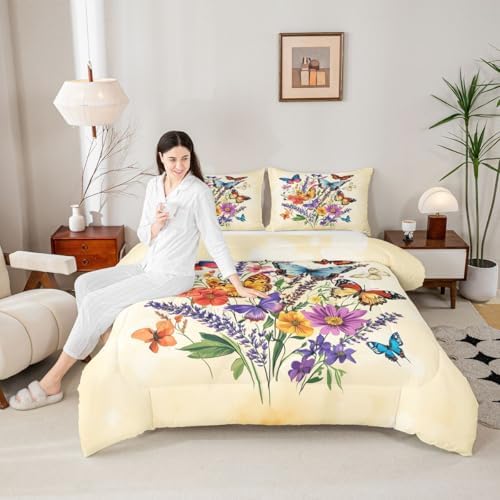 jejeloiu Butterfly Kids Comforter Set King Size Beautiful Butterfly Bedding Set Botanical Duvet Quilt for Kids Boys Girls Bedroom Flower Decor Microfiber Ultra Soft Breathable