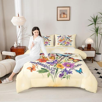 jejeloiu Butterfly Kids Comforter Set King Size Beautiful Butterfly Bedding Set Botanical Duvet Quilt for Kids Boys Girls Bedroom Flower Decor Microfiber Ultra Soft Breathable