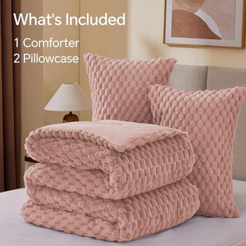 BEDELITE Fluffy Full Size Comforter Set, Dusty Pink Fleece Bed Set 3 Pieces