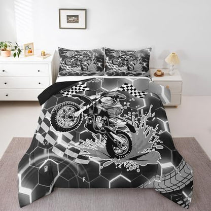 Racing Motorcycle Comforter Set Queen Grey Neon Lights Honeycomb Bedding Set Dirt Bike Motocross Quilt Glitter Geometric Hexagon Beehive Duvet Insert,Black White Grid Lattice Buffalo Plaid Decor