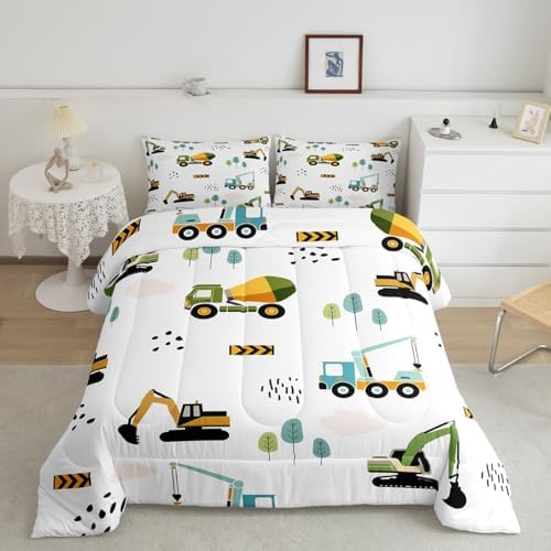 Feelyou Excavator Kids Comforter Construction Trucks Comforter Set for Boys Teens Heavy Vehicles Decor Bedding Set Cartoon Cars Green Orange Quilt Set with 2 Pillowcases 3Pcs Bedding King
