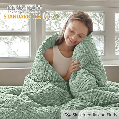Homelike Moment Fluffy King Size Comforter Set - Sage Green Warm Comforter for Winter King Bed Set 3 Piece