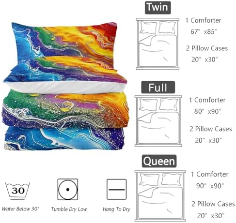 Nttopship Colorful Watercolor Comforter Tie Dye Bedding Set with 2 Pillowcase Twin Size Marbling Comforter Set for Kids Boys Girls Bedroom Decor
